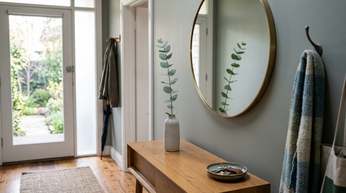 A well-lit entryway with a wooden console table, a round mirror, and a vase with eucalyptus leaves on the table