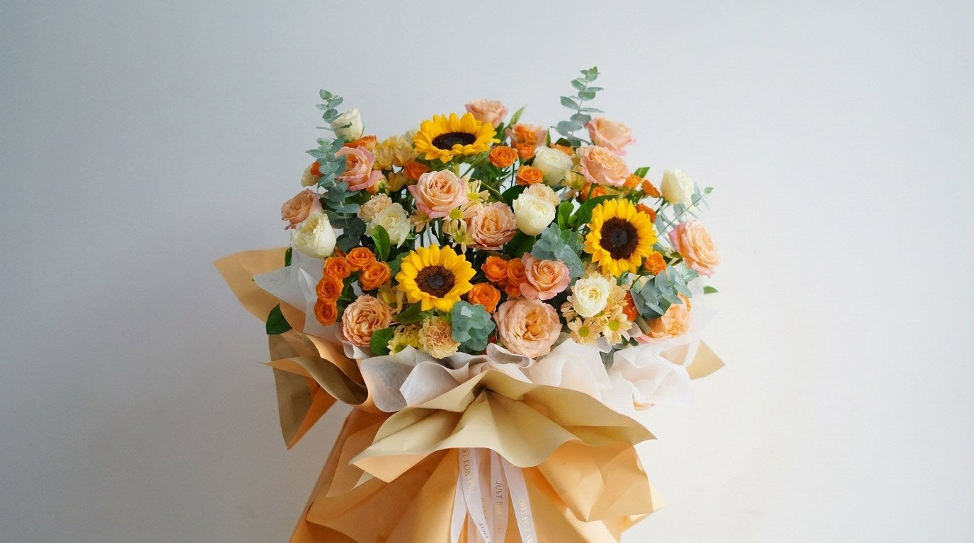A beautiful bouquet of sunflowers and roses wrapped in beige paper against a white background.