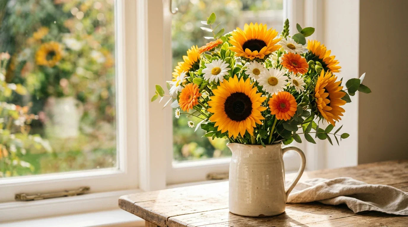 A bouquet of sunflowers and daisies in a white ceramic vase on a wooden table by a window