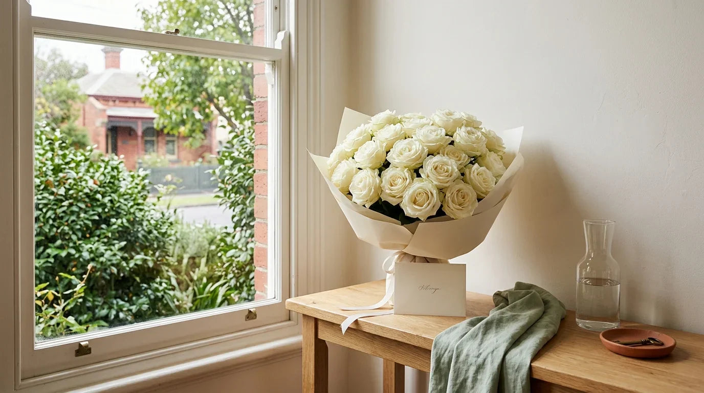 A bouquet of white roses on a wooden table next to a window with a garden view