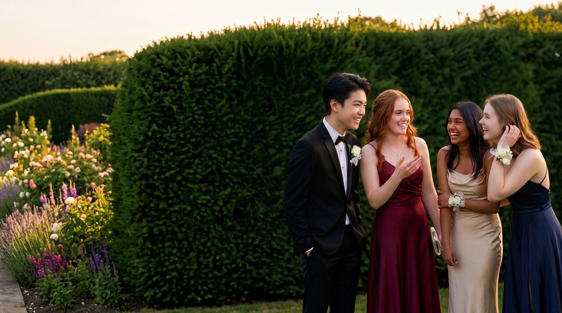 Four people standing outdoors in front of a tall green hedge at sunset, wearing formal evening attire. A man in a black tuxedo stands beside three women in sleeveless formal dresses in burgundy, champagne, and navy.