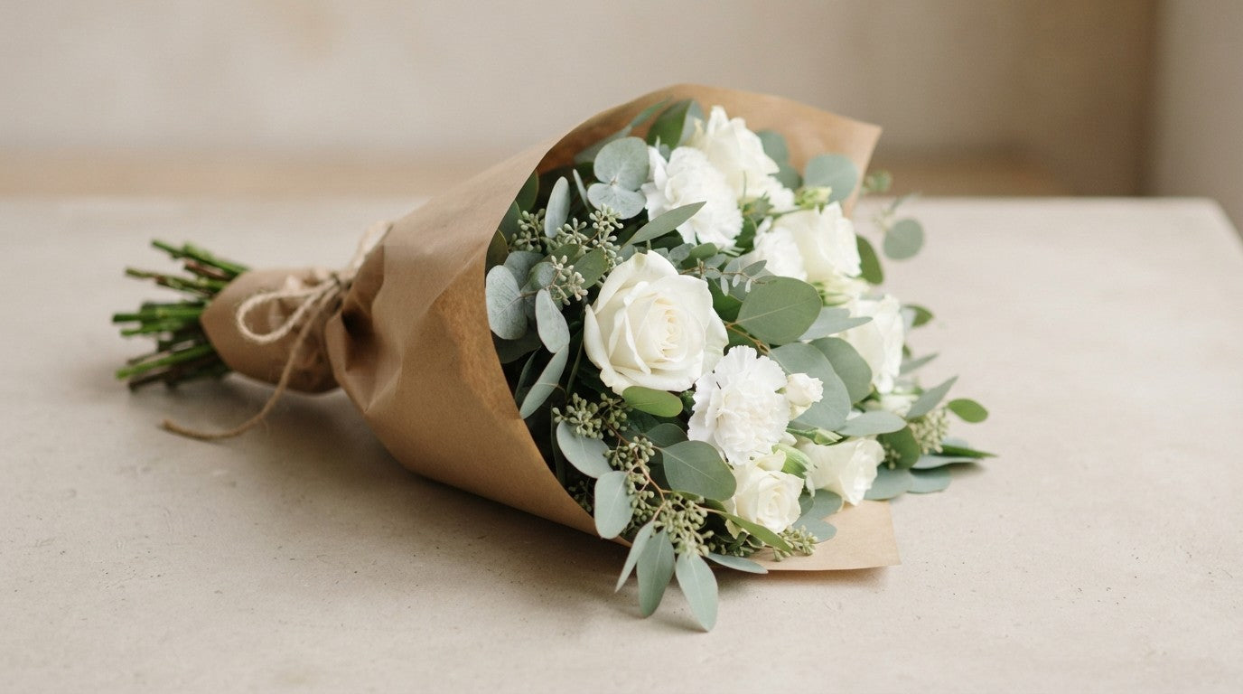 A bouquet of white roses and eucalyptus wrapped in brown paper lying on a table.