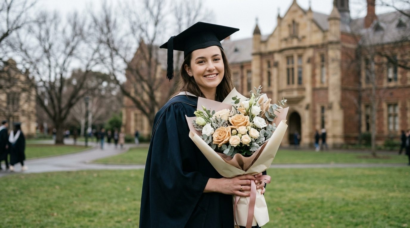 A smiling female graduate in a black gown and cap holds a bouquet of flowers outside a university building.