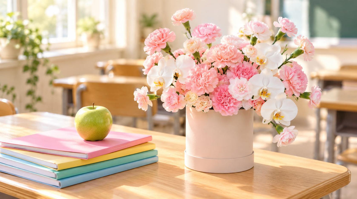 Pink carnation and orchid hatbox arrangement on a classroom desk beside an apple, a World Teachers' Day gift from H Flowers Melbourne