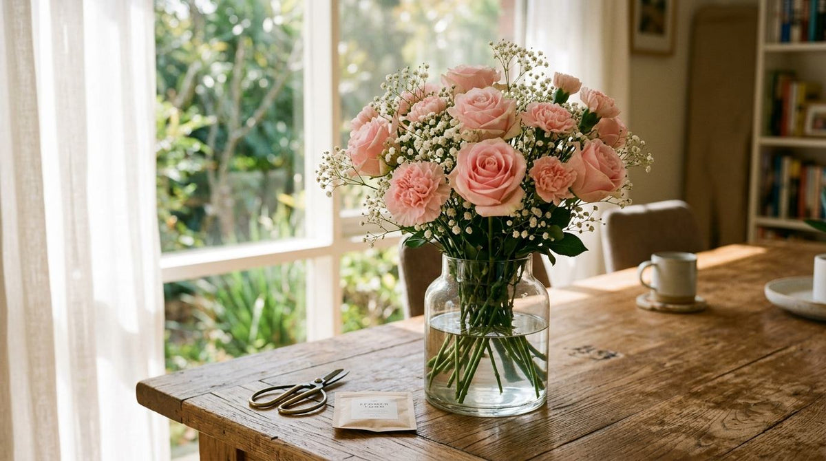 A glass vase filled with pink roses and baby's breath sits on a rustic wooden table near a window.