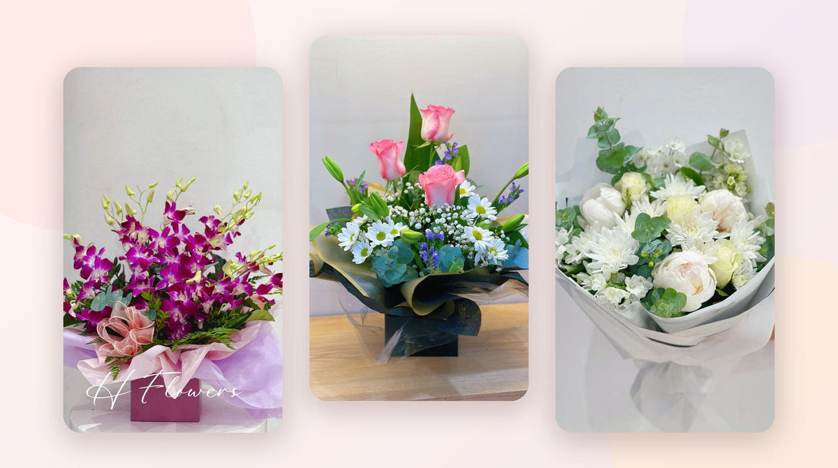 Boxed orchid arrangement, pink rose box and white bouquet, wedding congratulations flowers from H Flowers Melbourne