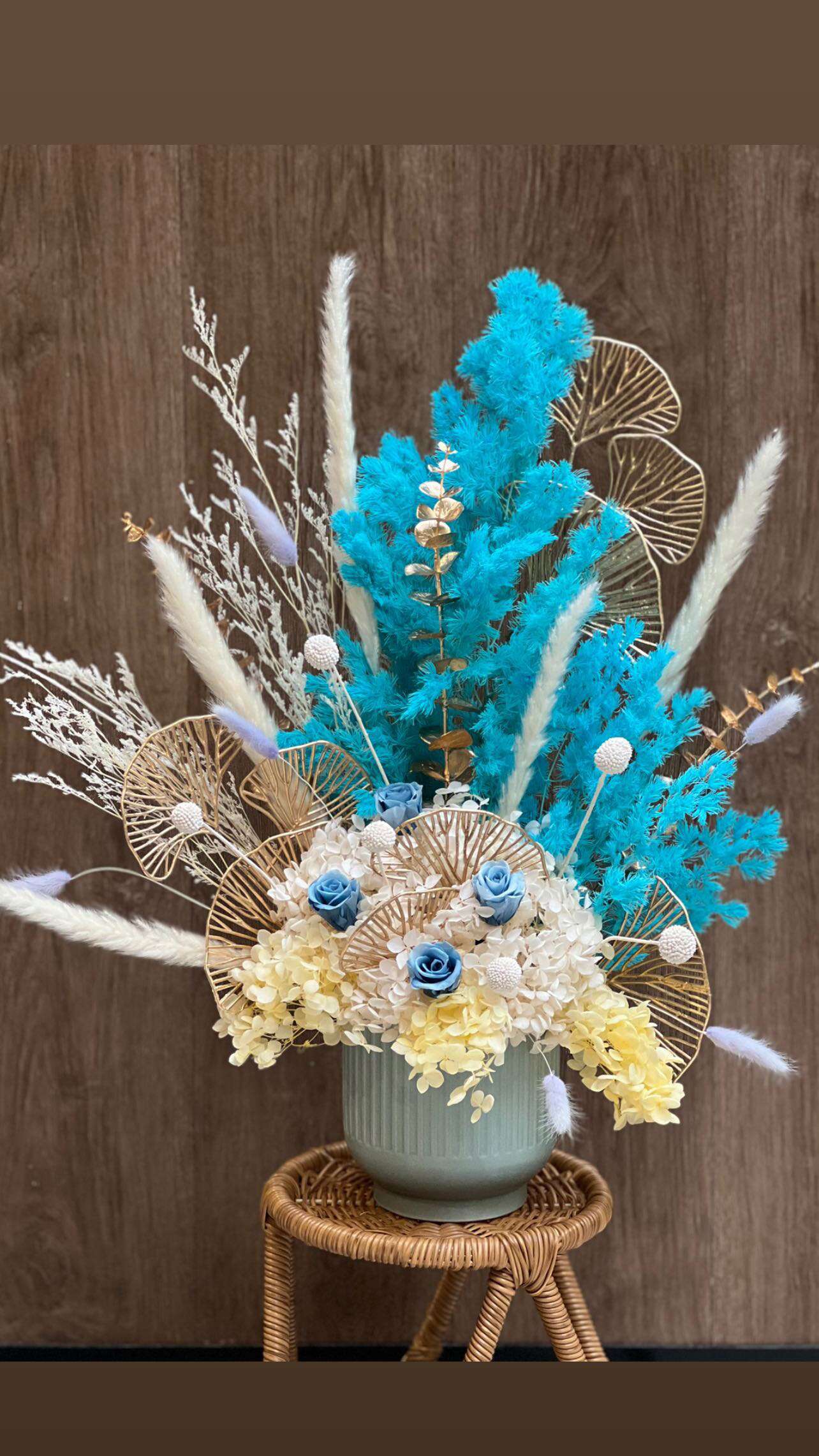 Dried White Hydrangeas with blue roses and leaves