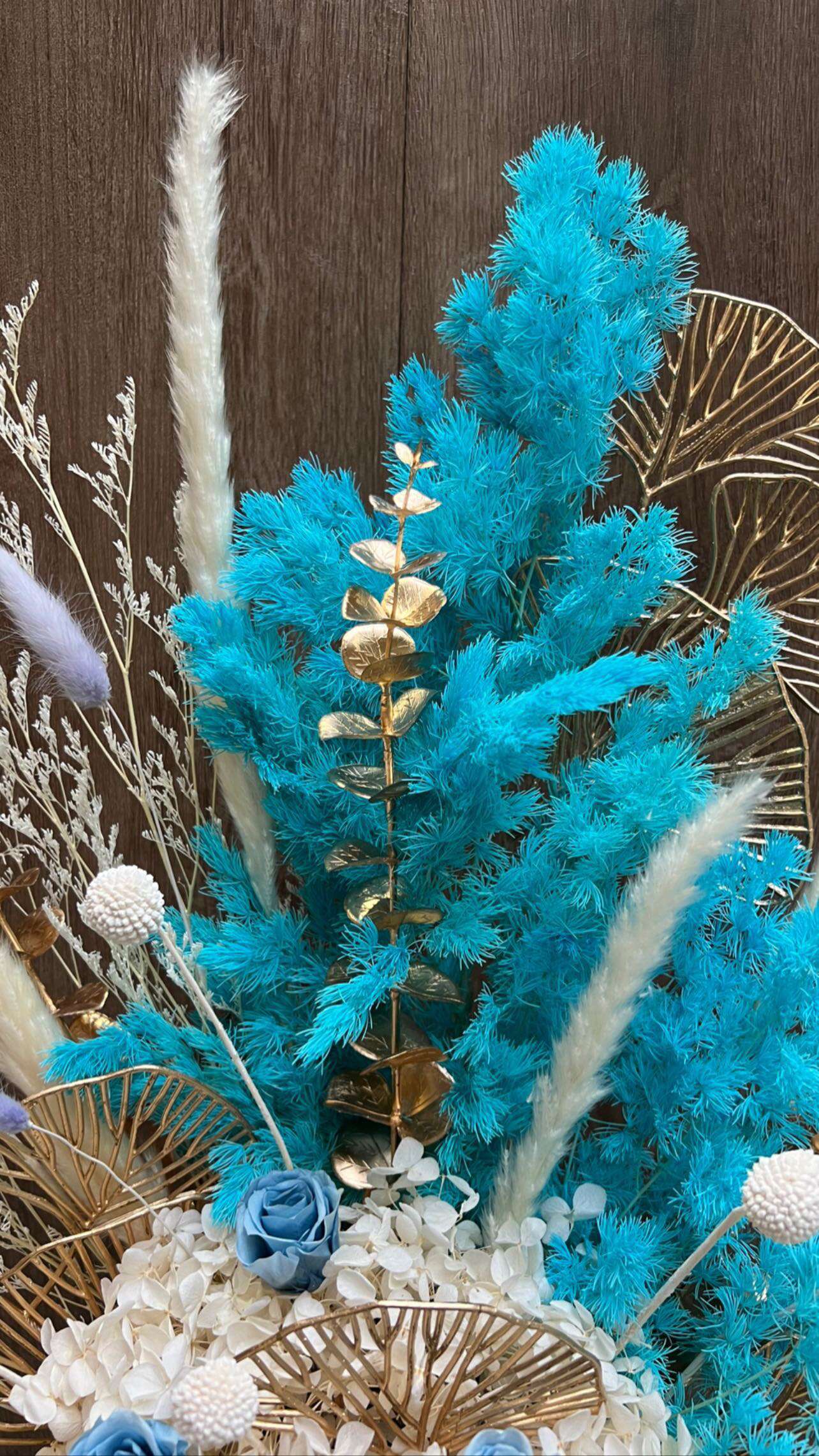 Dried White Hydrangeas with blue roses and leaves