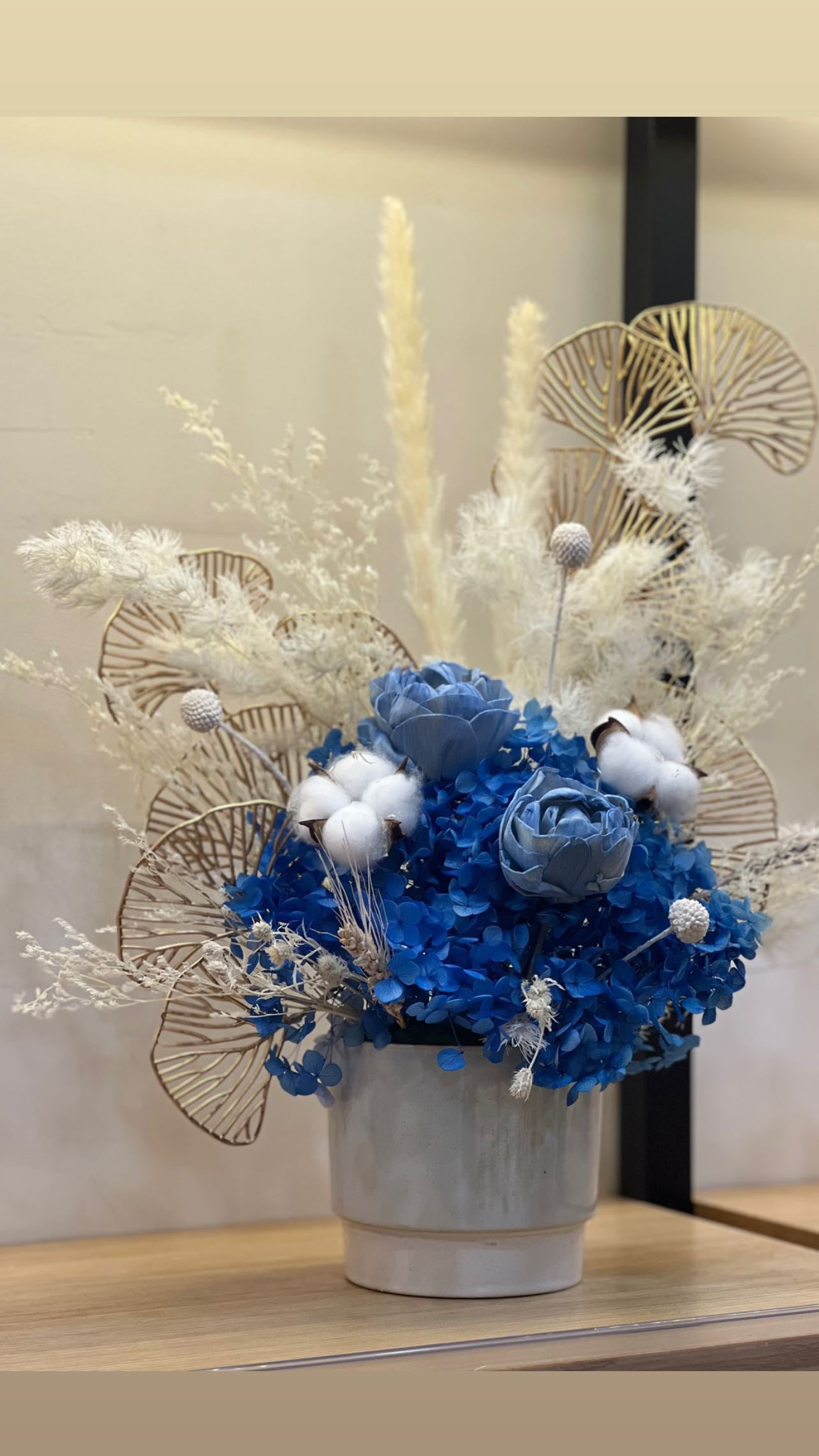 Dried Blue Hydrangeas with Blue Roses and Cotton