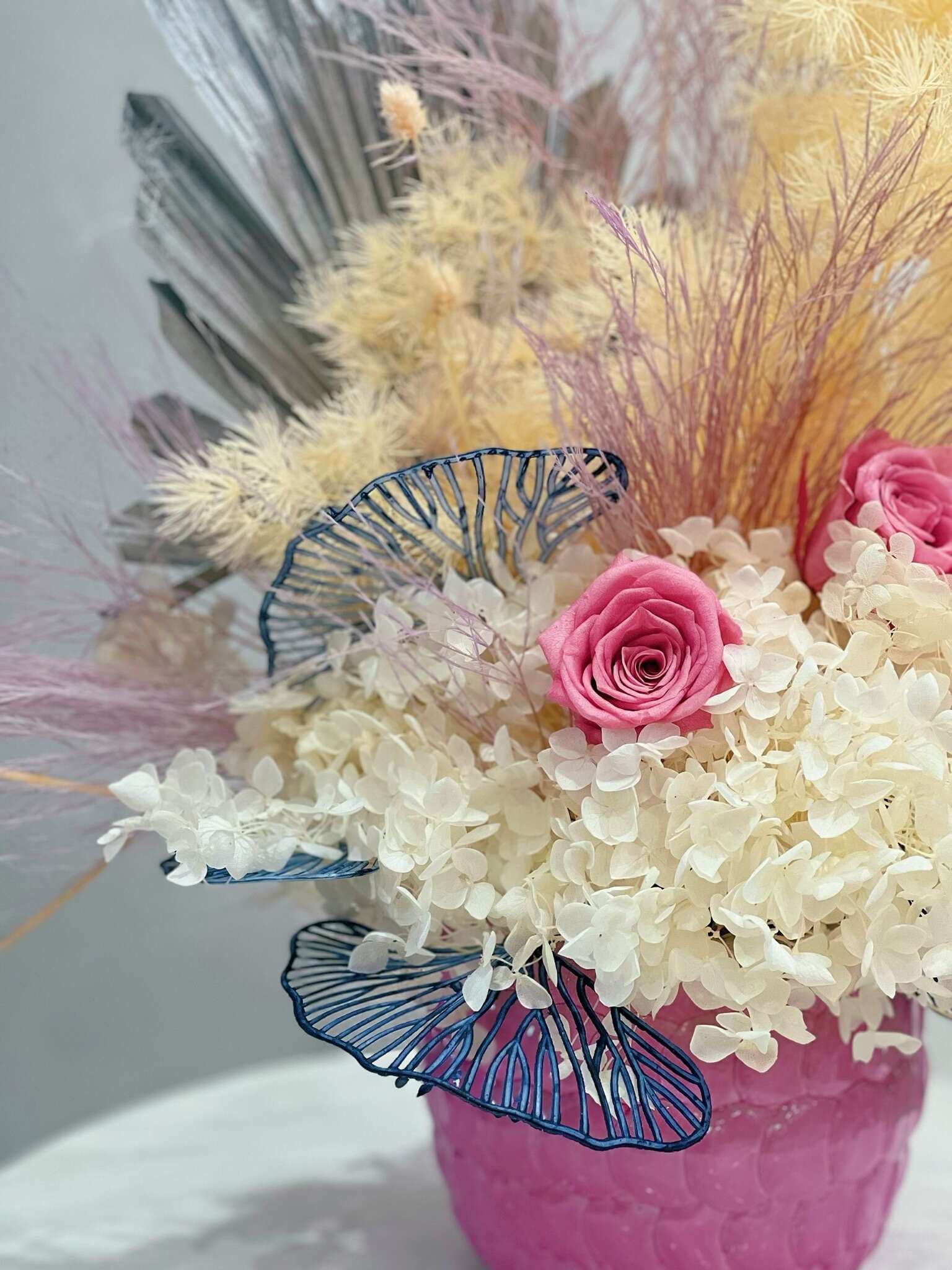 Dried Hydrangeas and Purple roses