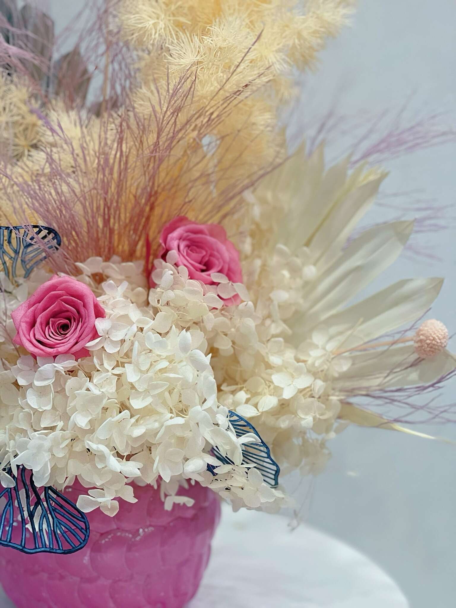 Dried Hydrangeas and Purple roses