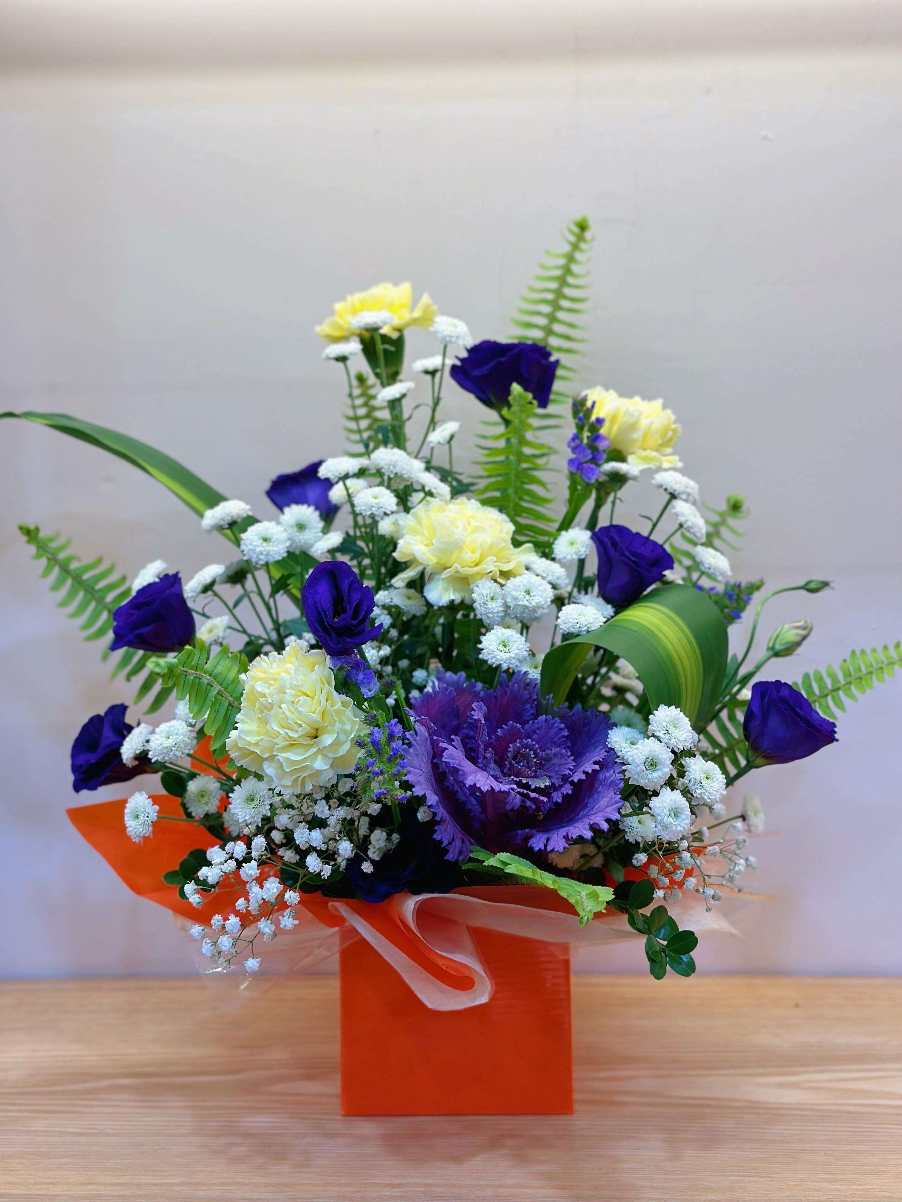 Yellow Carnation and Purple Lisianthus Flower Box