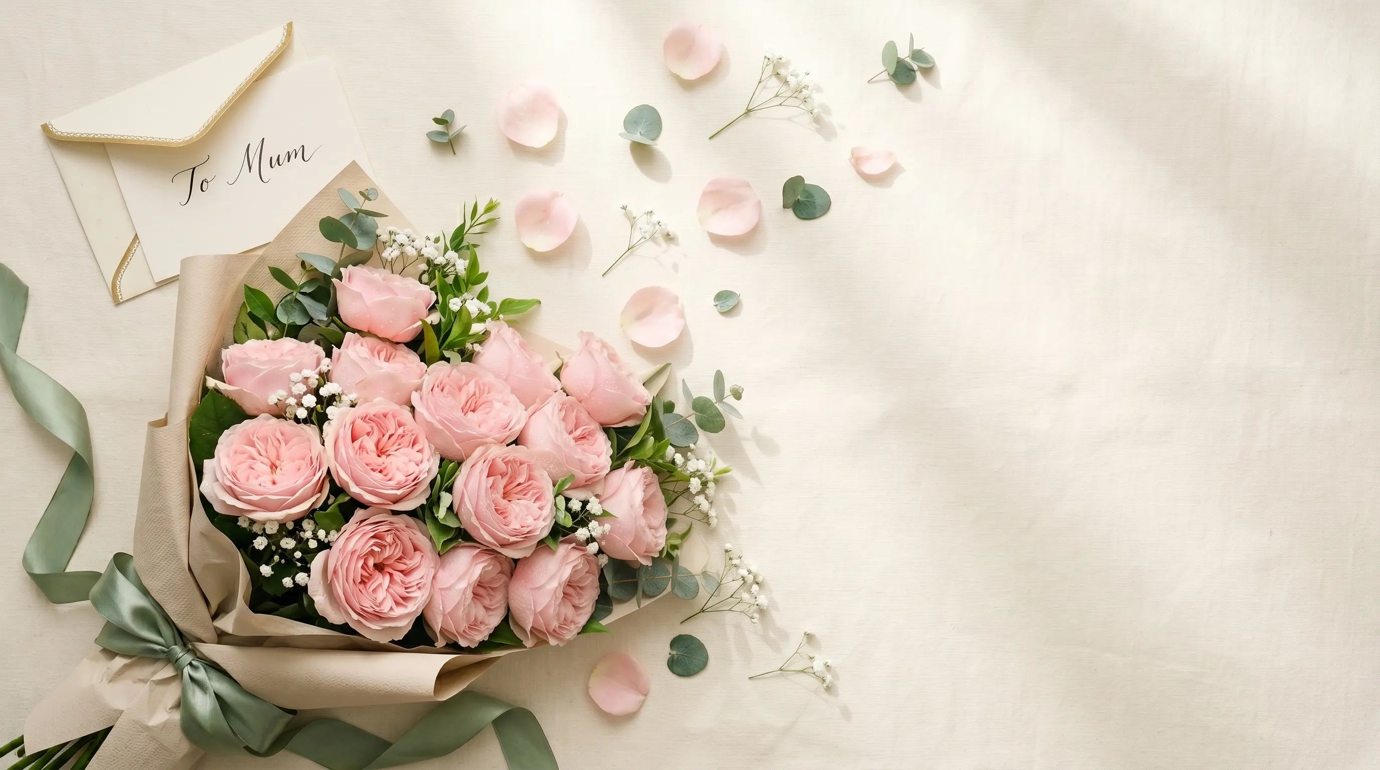 A bouquet of pink roses wrapped in brown paper with a green ribbon and a note to mom